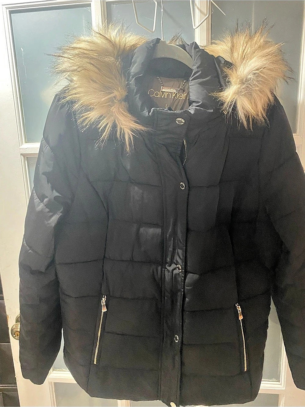 Calvin Klein Women's Faux-Fur-Trim Hooded Puffer Coat Black Large
